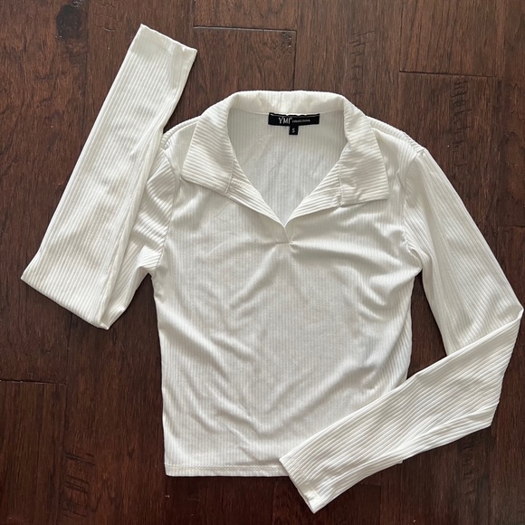 YMI White Ribbed Long Sleeve Collared White Crop Top Size S - Picture 1 of 6
